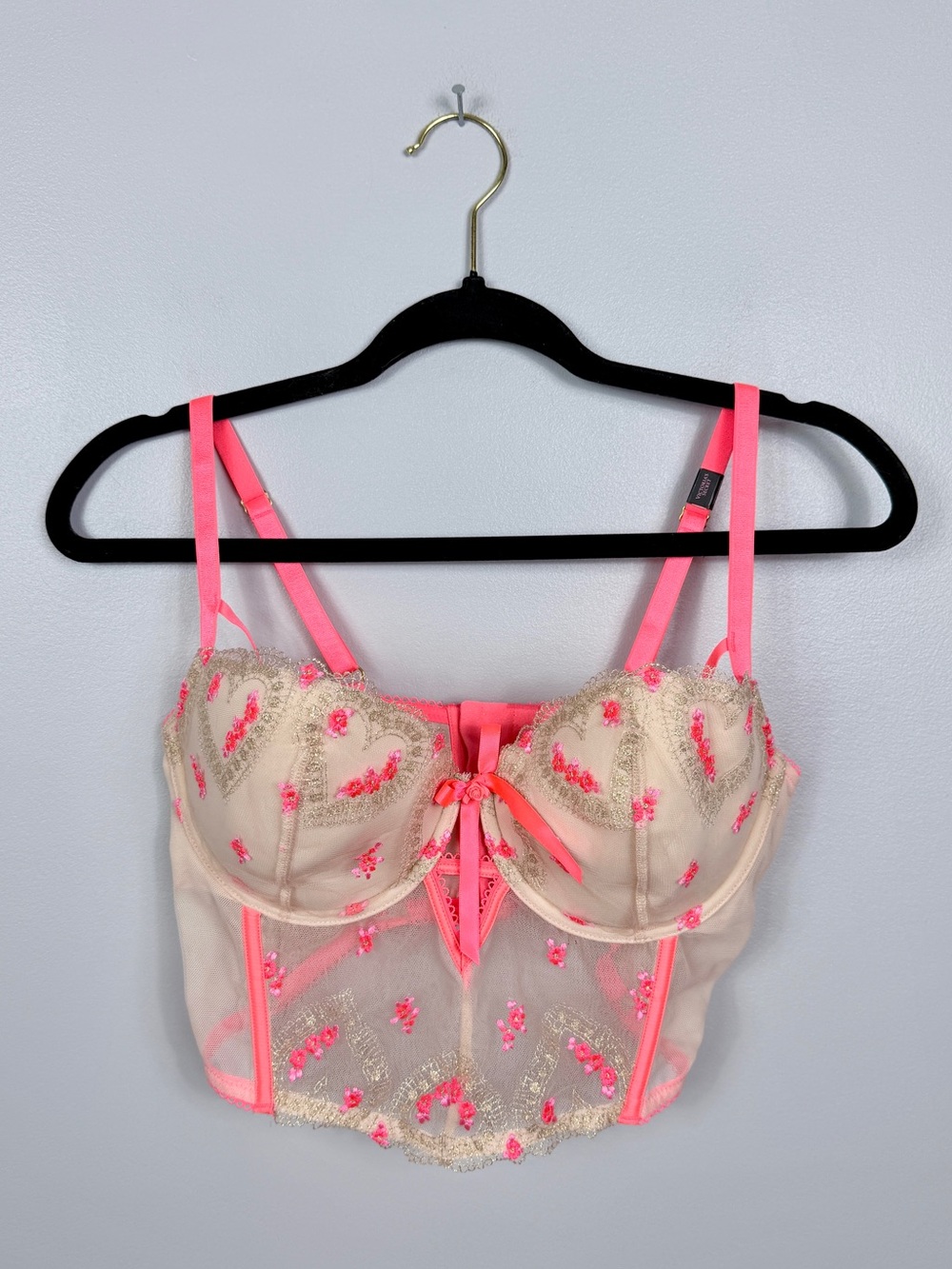 NWT VS Dream Angels neon hem Lightly-Lined Heart Embroidery Corset Top size 36D